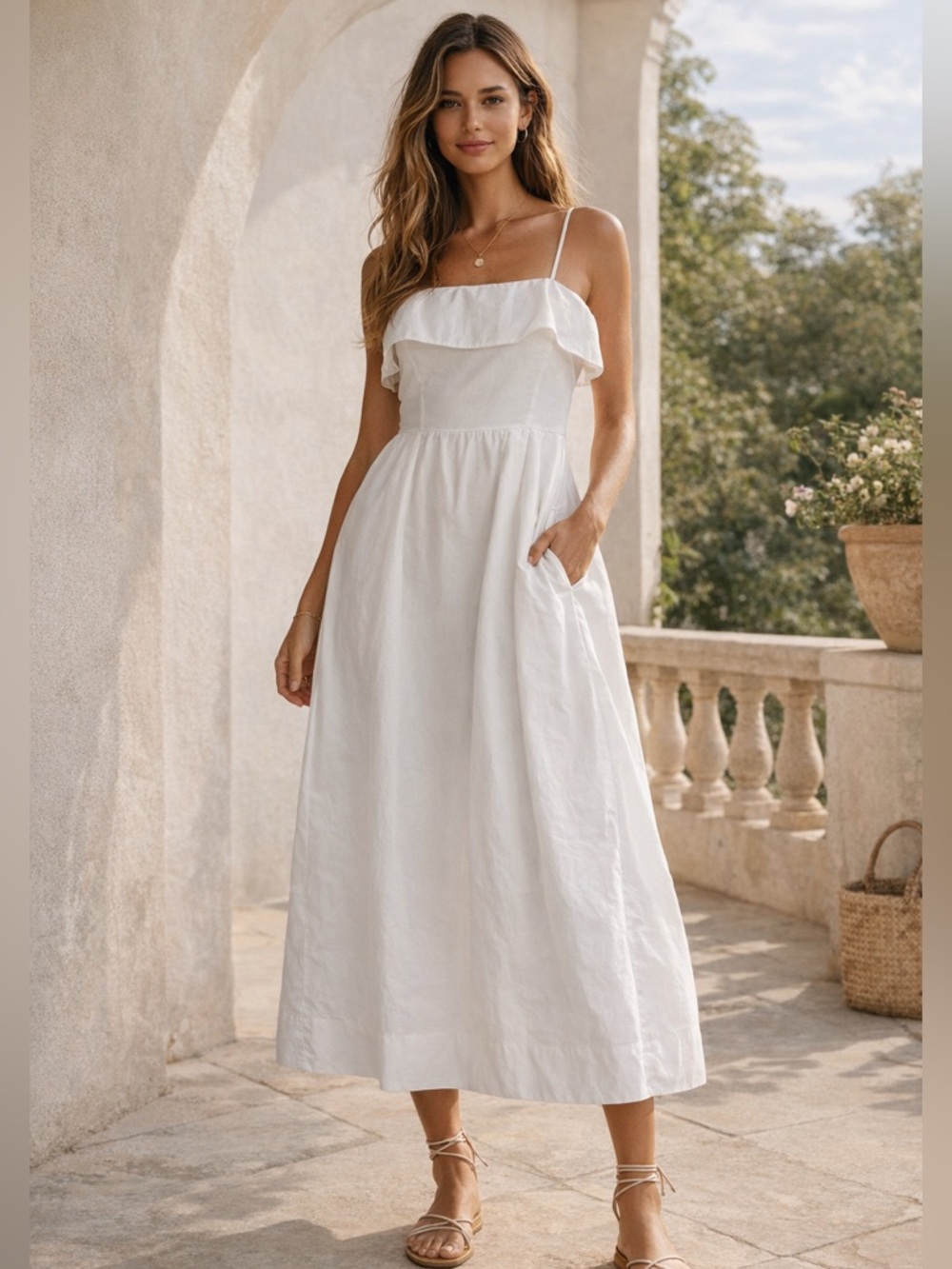 Mango White Midi Sun Dress w/ Pockets Size 4 Summer/Spring